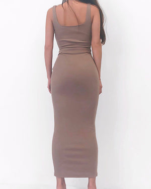 Mocha Ribbed Knit Belted Midi Dress