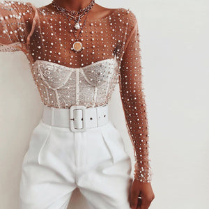 Transparent Beaded Long Sleeve Top