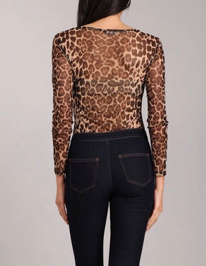 Leopard Print Long Sleeves Sheer Bodysuit