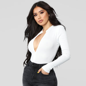 Ribbed Knit Long Sleeve Zipper Bodysuit