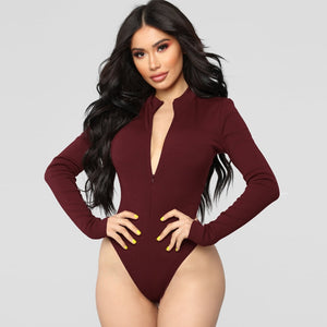 Ribbed Knit Long Sleeve Zipper Bodysuit