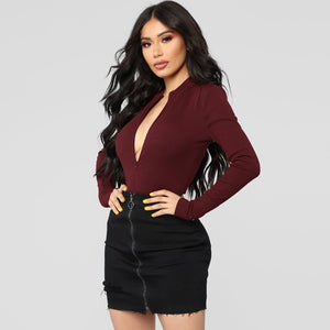 Ribbed Knit Long Sleeve Zipper Bodysuit