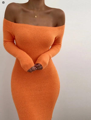 Ribbed Off Shoulder Long Sleeve Dress