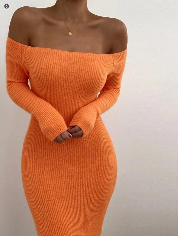 Ribbed Off Shoulder Long Sleeve Dress