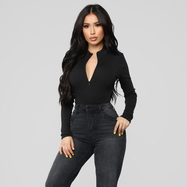 Ribbed Knit Long Sleeve Zipper Bodysuit