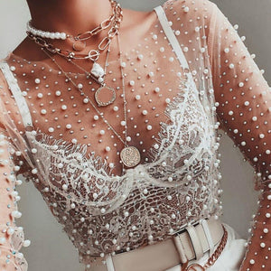 Transparent Beaded Long Sleeve Top