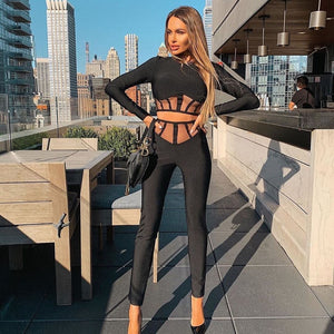 Mesh Long Sleeve Bandage Two Piece Set