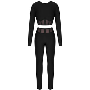 Mesh Long Sleeve Bandage Two Piece Set