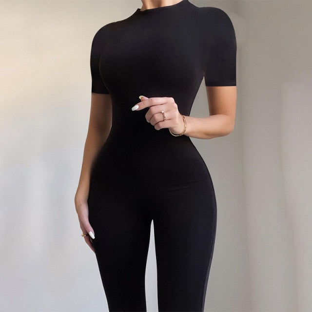 Solid Half Zip Bodycon Jumpsuit Sexy Short Sleeve Workout - Temu