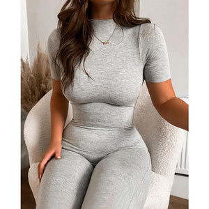 Solid Short Sleeve BodyCon Jumpsuit